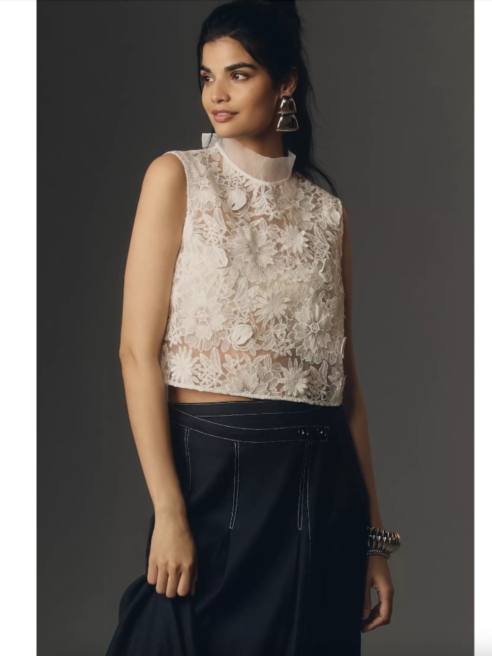 $118 NWT Maeve by Anthropologie Sleeveless Sheer Floral Blouse White Small